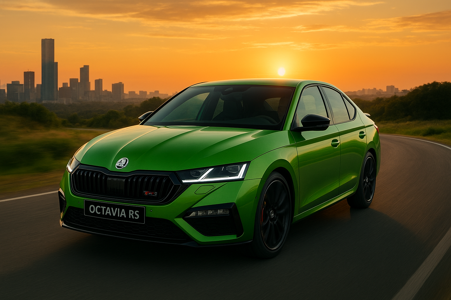 Skoda Octavia RS 2025 featuring bold blacked-out grille and sharp LED Matrix headlamps, Mamba Green sedan for performance enthusiasts.