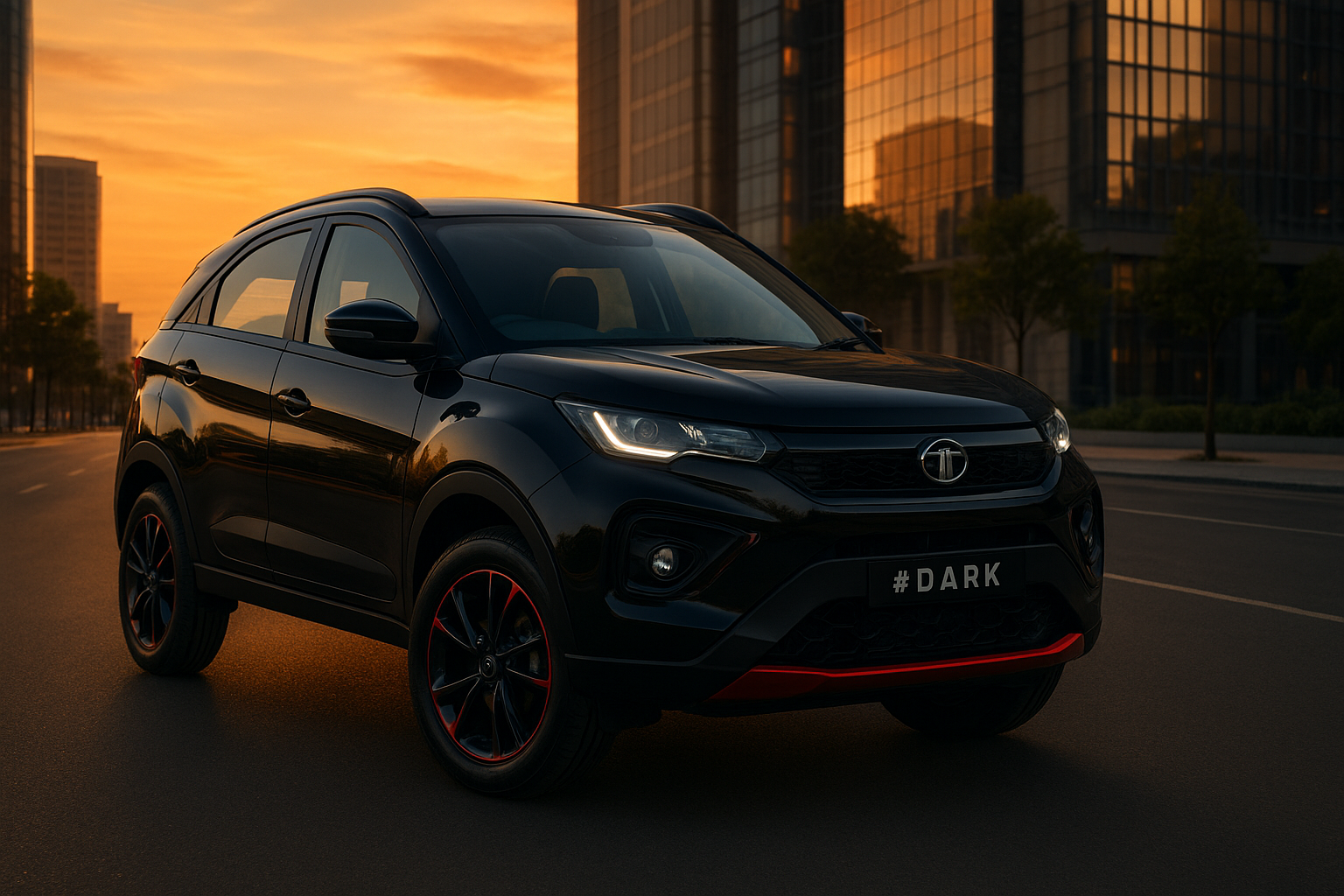 Tata Nexon 2025 Red Dark Edition featuring bold black grille with red accents and darkened alloy wheels, all-black compact SUV for modern drivers and families