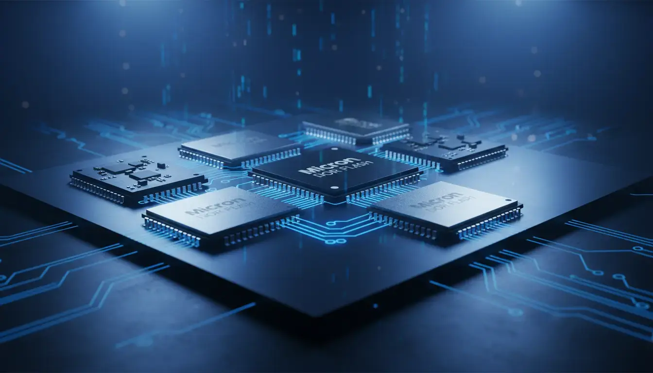 High-performance Micron DRAM and NOR Flash memory chips on a sleek, futuristic surface, showcasing advanced technology for demanding electronic designs.