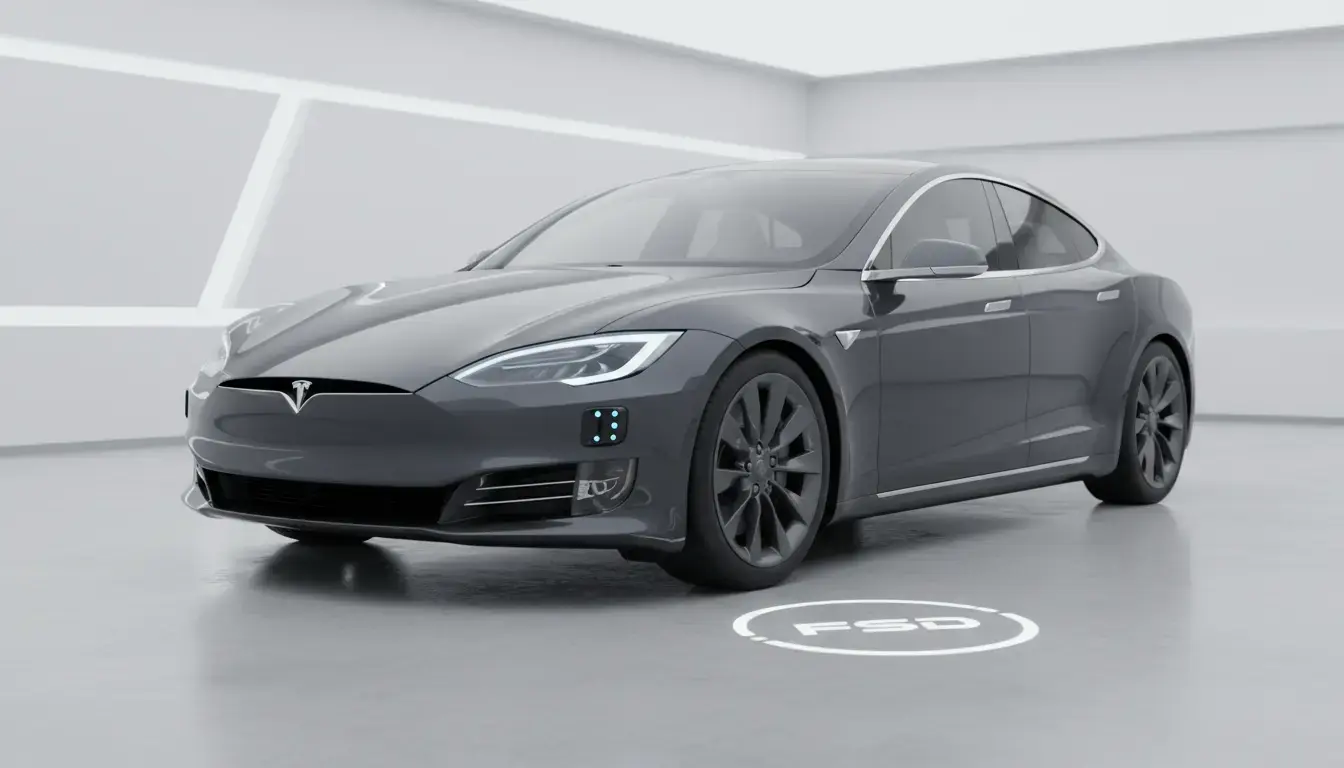 A dark grey Tesla Model S in a futuristic showroom, showcasing its sleek design and advanced Full Self-Driving capabilities for 2025.