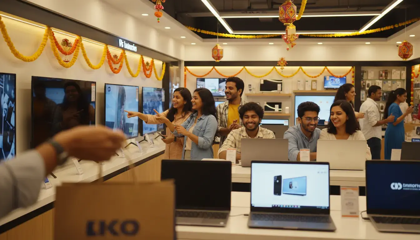 Customers joyfully shopping for new electronics like televisions, laptops, and mobile phones in a vibrant Indian store during the 2025 festive season, benefiting from recent GST rate cuts.