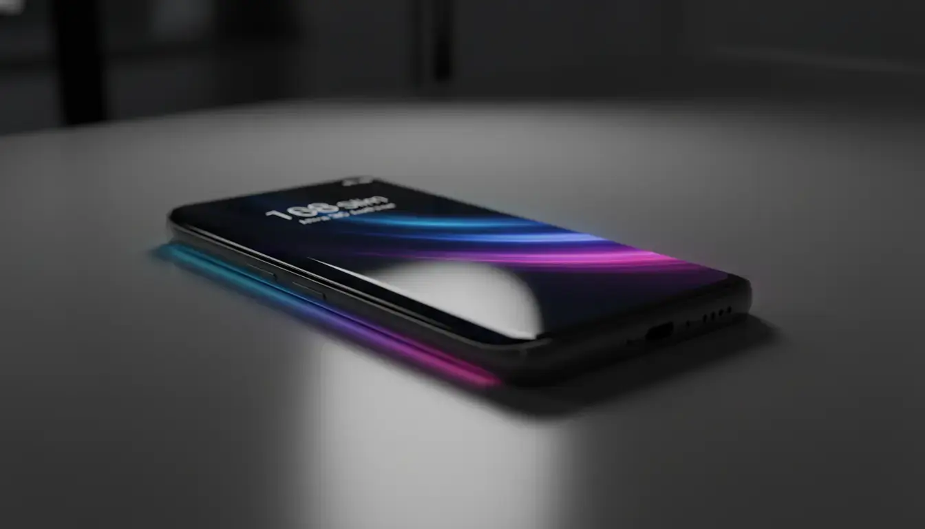 A close-up of the TECNO Slim smartphone, showing its ultra-slim profile and vibrant AMOLED display on a premium, reflective surface, with its unique Mood Light softly glowing.