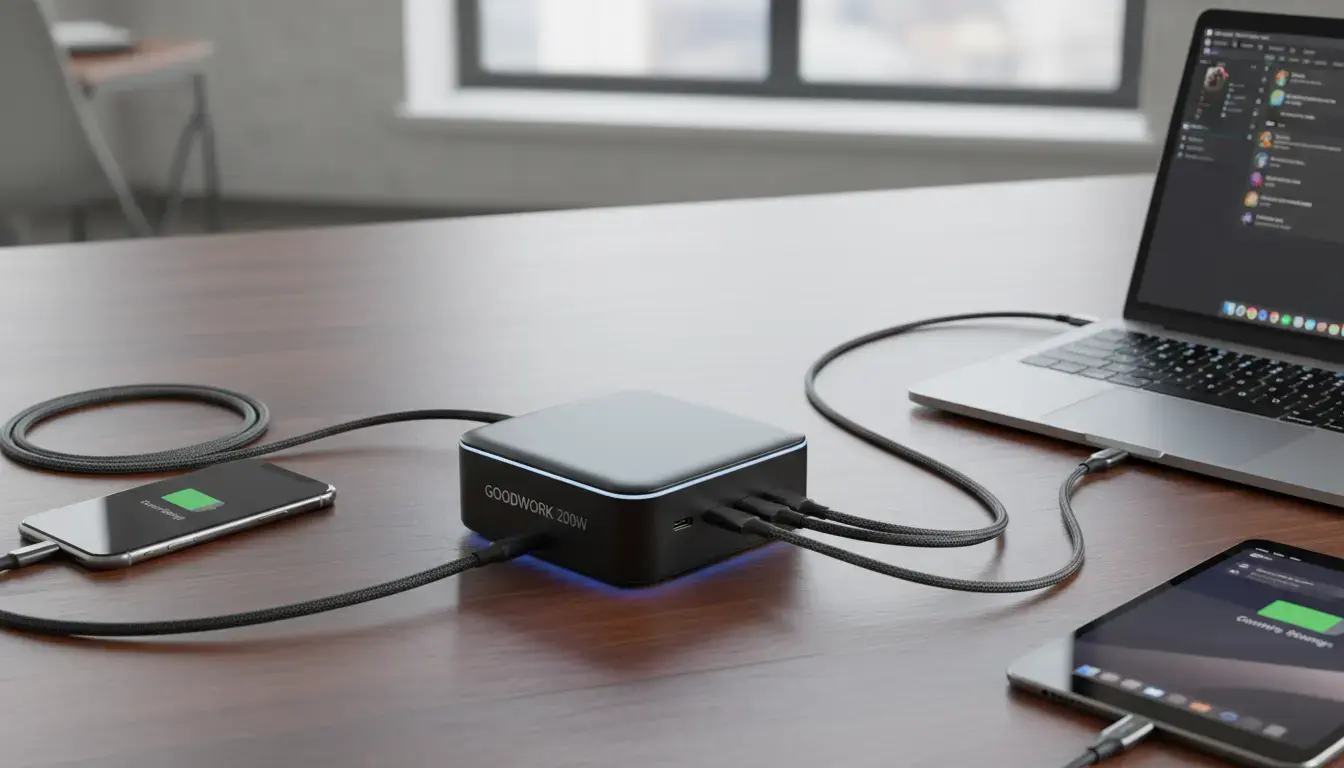 A sleek GOODWORK 200W desktop charger on a dark wooden desk, connecting to multiple devices, symbolizing efficient, high-speed power for modern electronics.