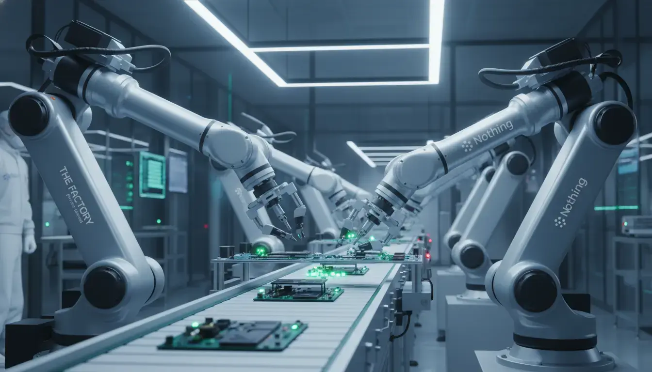 An advanced electronics manufacturing facility with robotic arms assembling circuit boards, showcasing 'The Factory Private Limited' innovation.