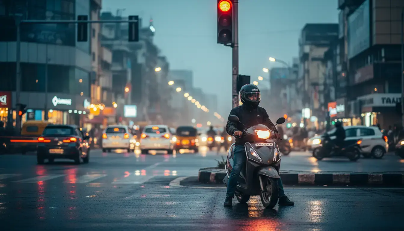 A lone motorcyclist responsibly stopped at a red traffic light in a bustling Indian city at dusk, emphasizing road safety awareness.