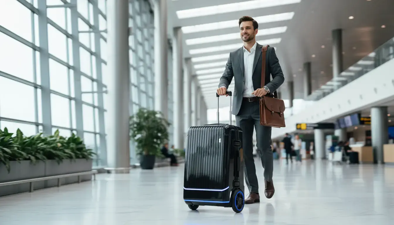 A sleek black Airwheel smart riding electric suitcase with an aluminum frame, being ridden by a traveler in a modern airport.