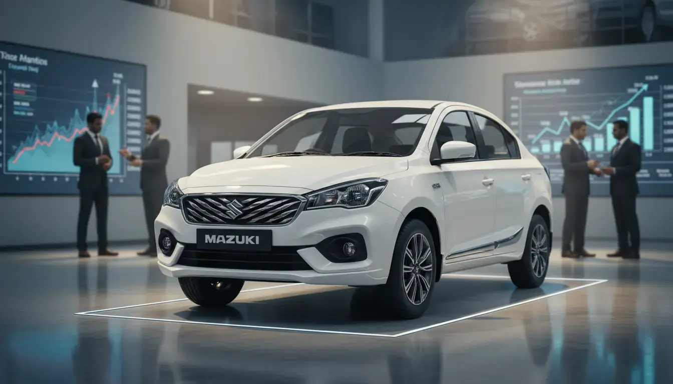 A white Maruti Suzuki car in a modern showroom, with blurred figures of business people and financial charts in the background, symbolizing the company's strong Q2 FY26 financial performance and strategic success in the automobile industry.
