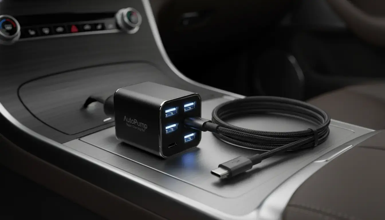 AutoPump Super Charging Kit 4-port USB car charger on a modern car console with a USB-C cable, highlighting its efficient design.