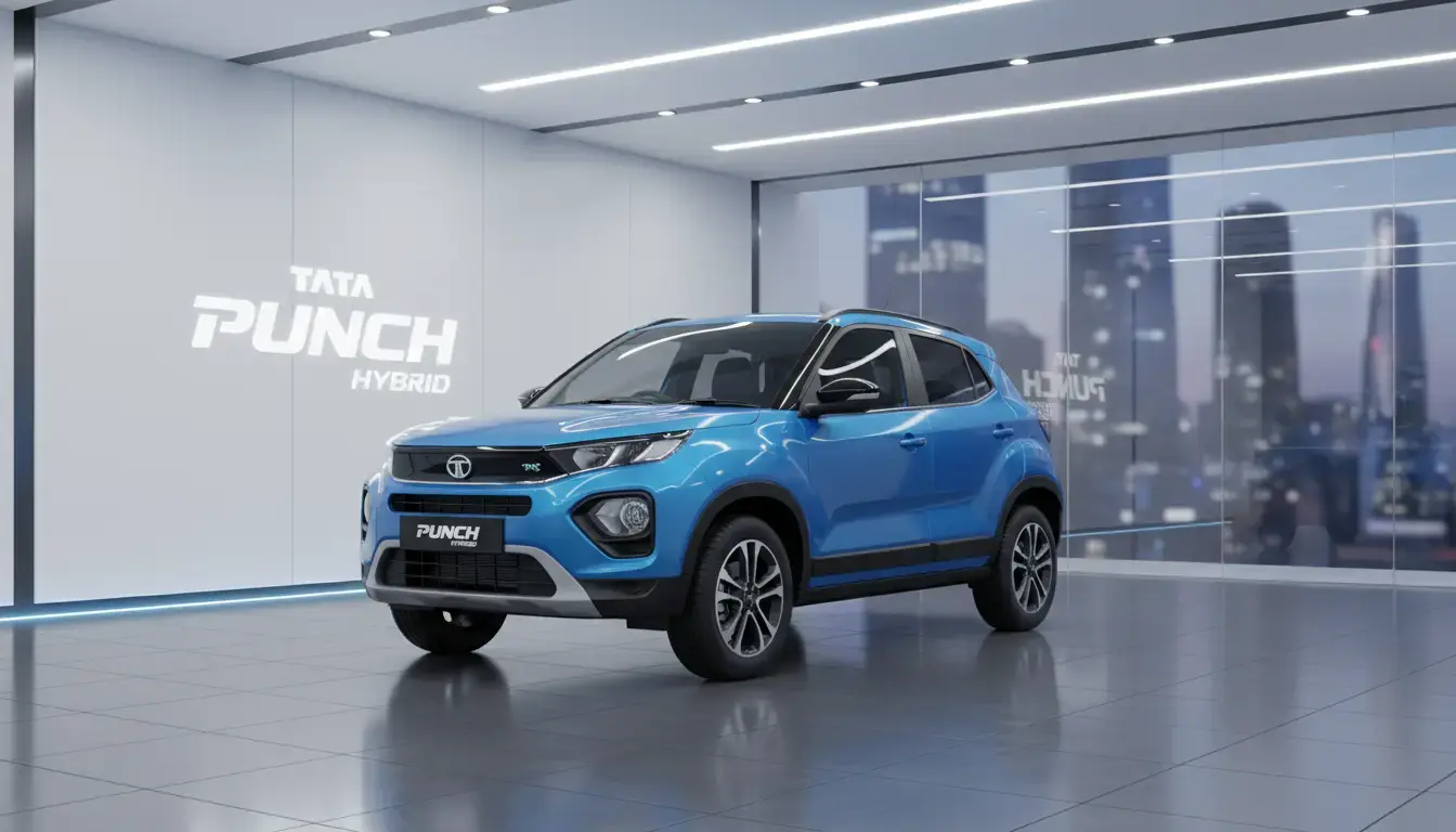 Vibrant blue 2025 Tata Punch hybrid SUV in a pristine showroom, highlighting its modern design and advanced features for urban drivers.