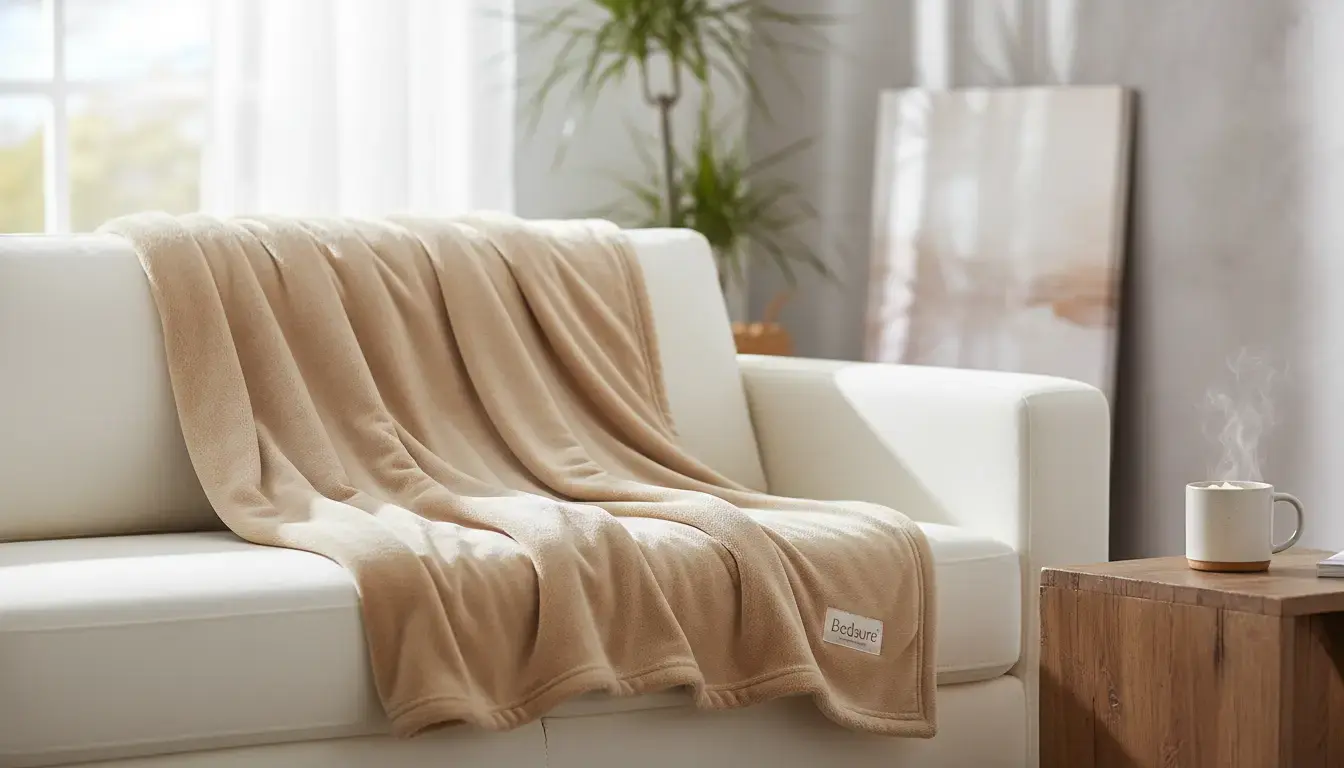 A beige Bedsure GentleSoft electric blanket draped over a white sofa, highlighting its plush texture and warmth in a cozy living room.
