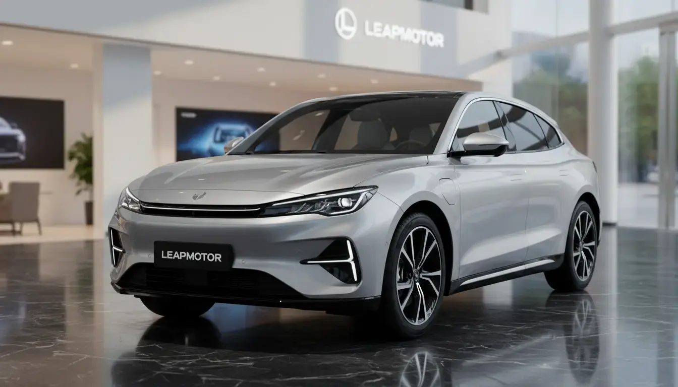 Leapmotor D19 2025 featuring sleek design and advanced LED lighting, metallic grey SUV in premium showroom for tech-savvy families