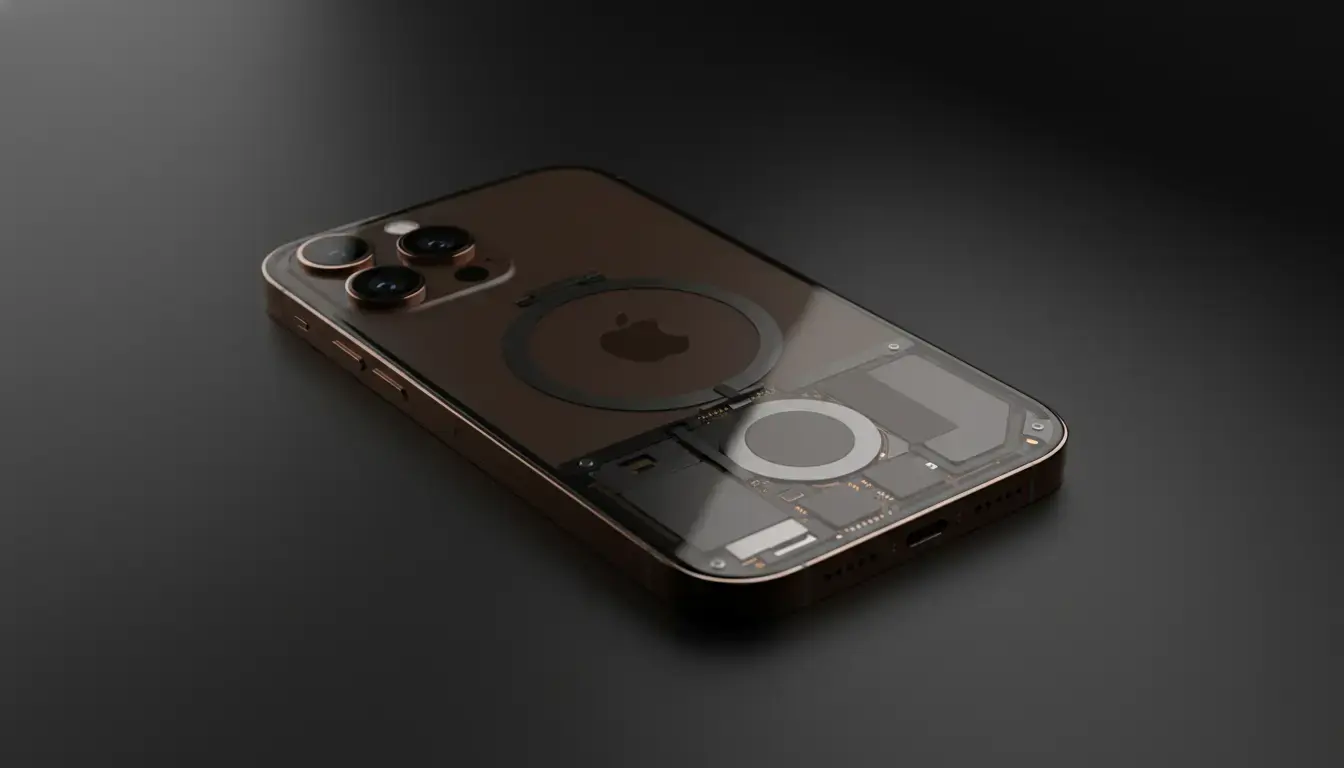 Apple iPhone 18 Pro Max in Coffee color on a premium surface, showcasing its semi-transparent rear and immersive, edge-to-edge display.