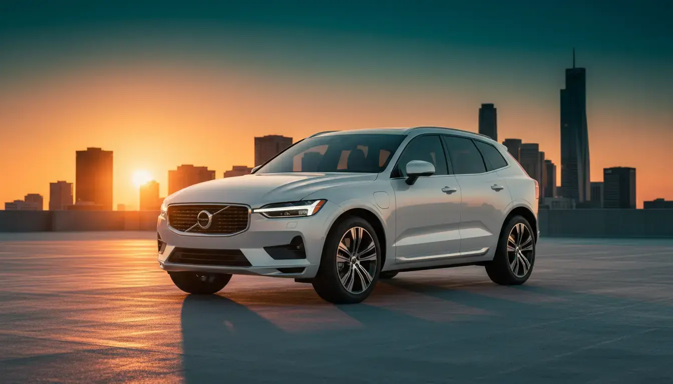 Volvo EX60 2026 electric SUV parked on a city rooftop with golden hour lighting illuminating its sleek design and LED headlights.