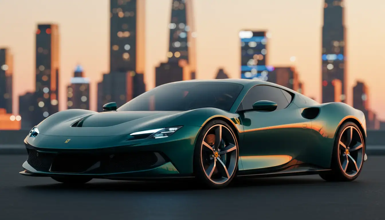 Ferrari Elettrica 2026 electric supercar parked in an urban setting during golden hour, highlighting its sleek design and LED headlights.