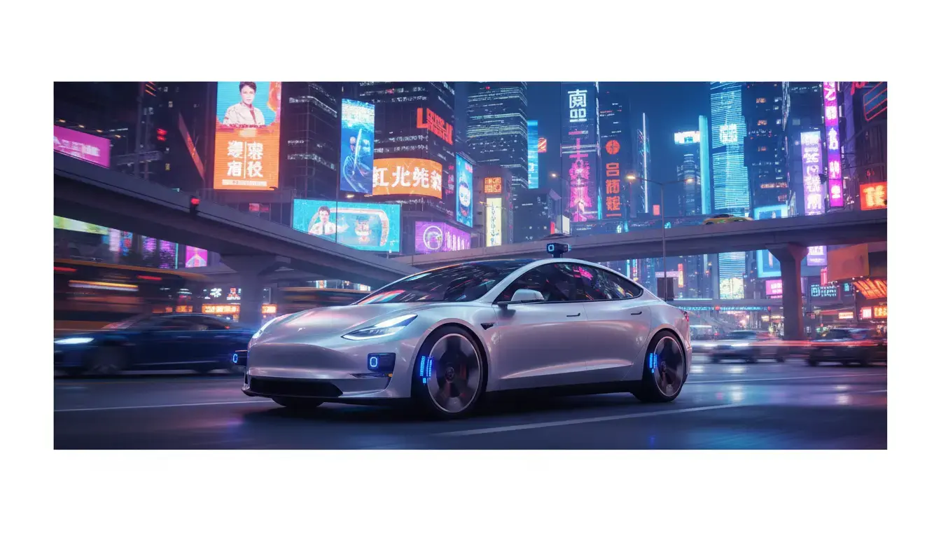 Tesla electric vehicle 2026 driving autonomously on a futuristic city street in China at night, showcasing advanced self-driving technology