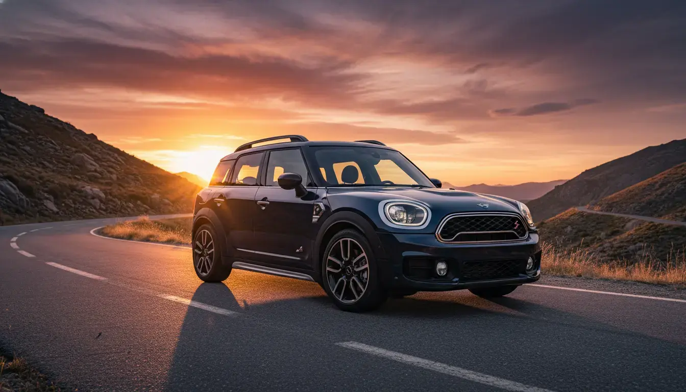 MINI Countryman SE All4 2025 parked on a scenic mountain road, golden hour light reflecting off its sleek design and JCW alloy wheels.
