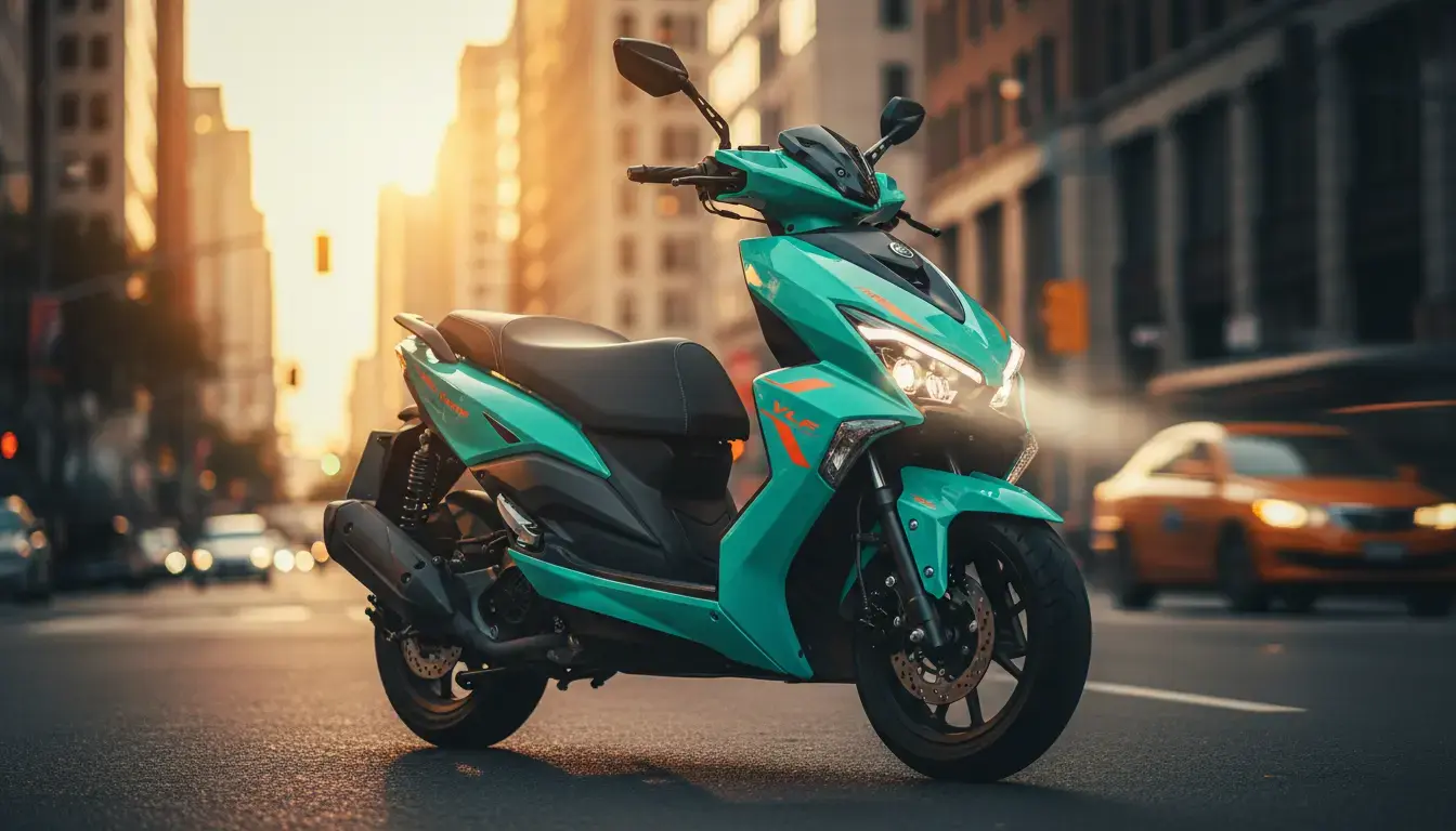 VLF Mobster 135 2025 in Neon Venom, a sporty scooter with LED headlamps, parked on an urban street at golden hour.