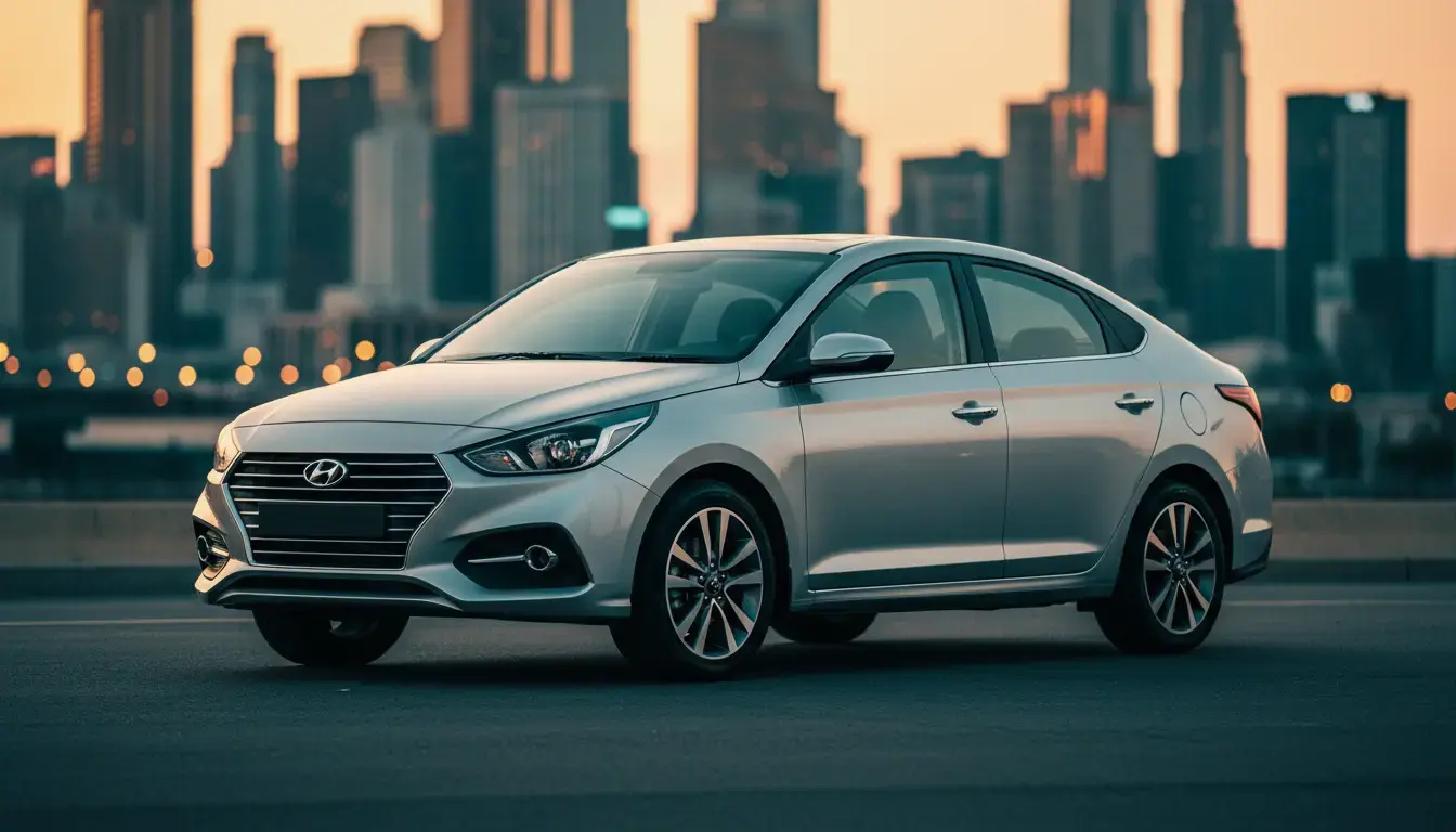 Hyundai Verna 2026 facelift parked on an urban street at golden hour, highlighting its redesigned tail-lights and angular front.