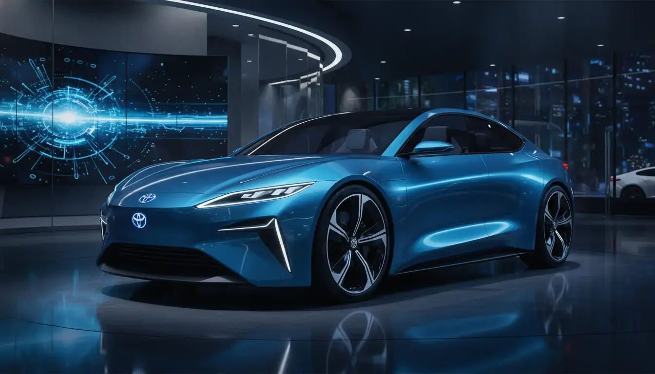 Sleek metallic blue futuristic EV concept symbolizing Toyota's groundbreaking solid-state battery technology in a high-tech showroom with dramatic lighting