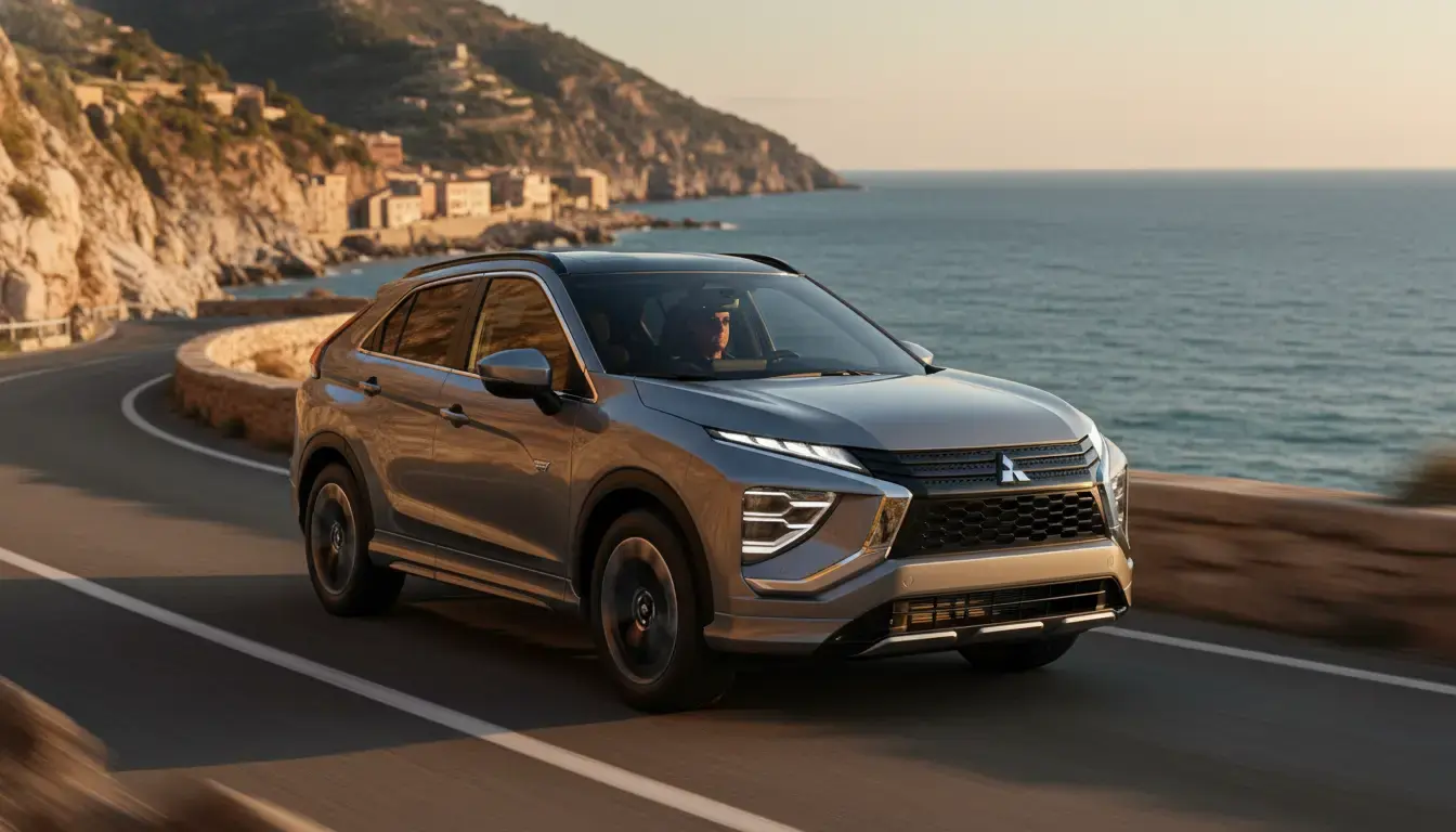 Mitsubishi Eclipse Cross EV 2026 on a European coastal road at golden hour, highlighting its sleek design and LED headlights.