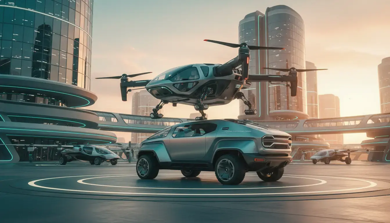 XPeng Land Carrier 2026 modular flying car with ground vehicle and detached aerial module at an urban air mobility hub during golden hour.
