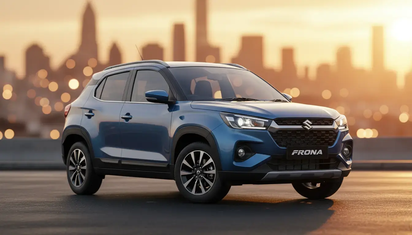 Maruti Suzuki Fronx 2025 in metallic blue parked on a city street during golden hour, highlighting its LED DRLs and sleek compact SUV design.