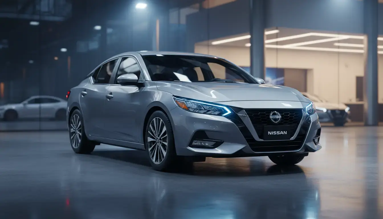 2026 Nissan Sentra in metallic gray, showcasing its wide V-motion grille and LED headlights in a luxury showroom setting.