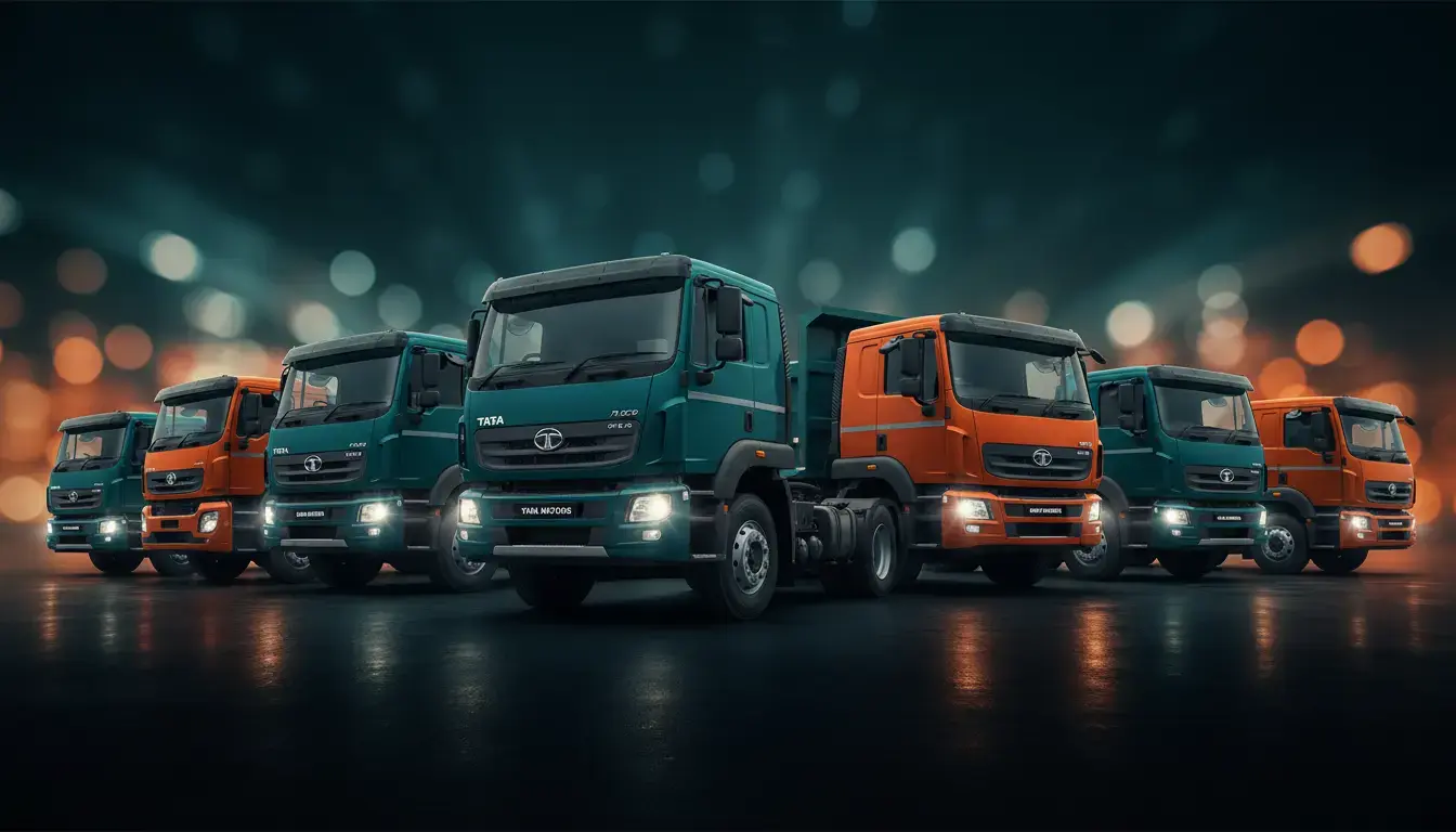 Tata Motors Commercial Vehicles (TMLCV) modern truck lineup in a showroom, illuminated by dynamic studio lighting, showing powerful design.