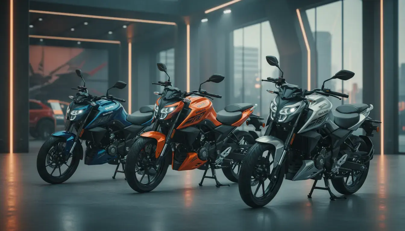 Bajaj Auto 2025 motorcycles in a futuristic showroom with dramatic studio lighting, showcasing sleek design and brand identity
