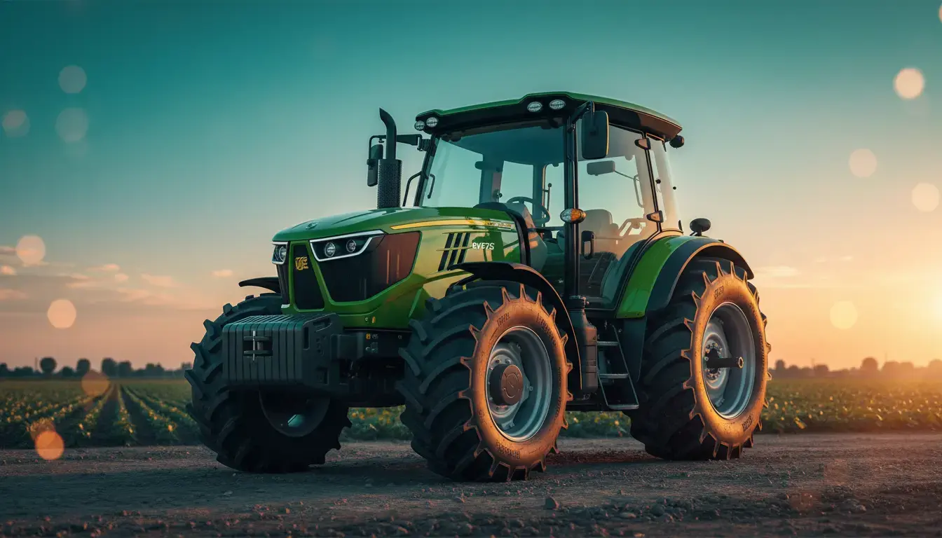TAFE EVX75 2025 electric hybrid tractor parked in a field with golden hour sunset lighting, showcasing its modern design