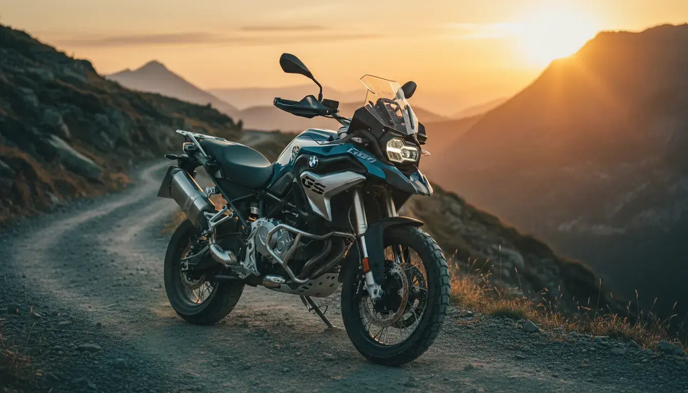 BMW F 450 GS ADV 2026 adventure bike on a mountain trail, lit by golden hour sunset, highlighting its LED headlights and rugged design.