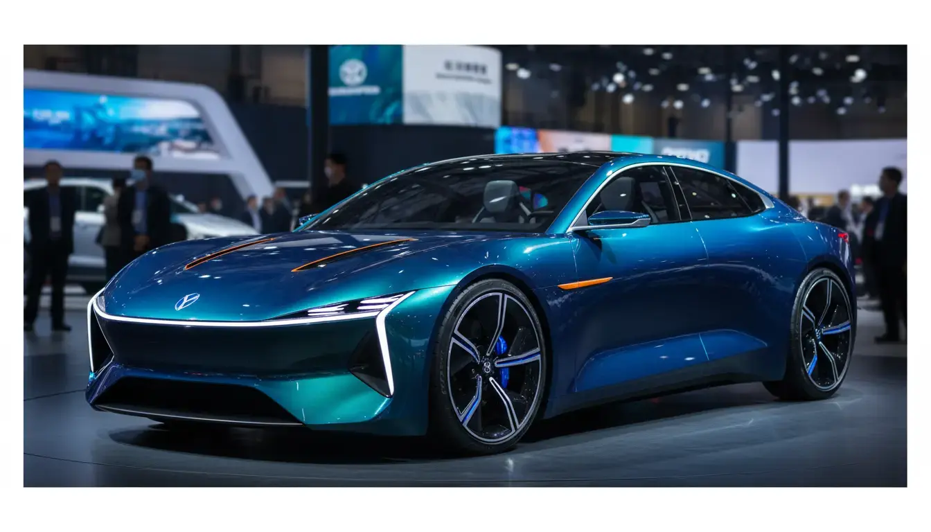 A futuristic New Energy Vehicle concept car on display with dramatic lighting at the Guangzhou International Automobile Exhibition 2025, showcasing sleek design.