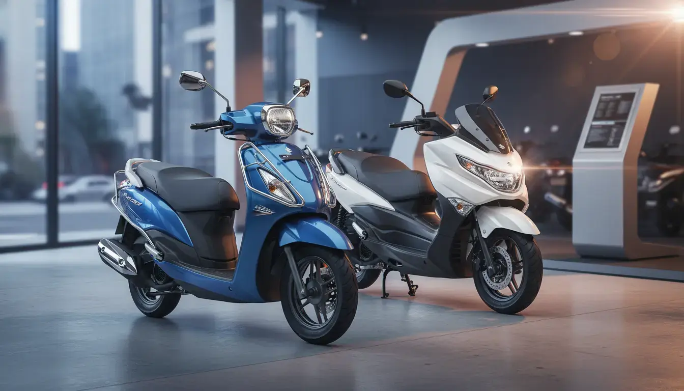 Suzuki Access 125 and Burgman Street 125 scooters displayed prominently in a well lit modern showroom setting.