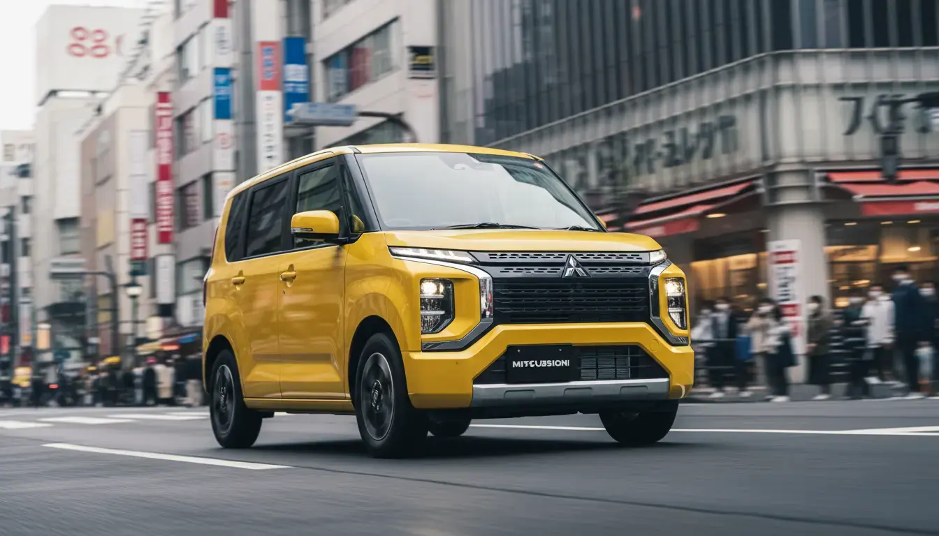 Mitsubishi Delica Mini 2025 kei-car driving on a city street, showcasing its compact design and LED headlights.