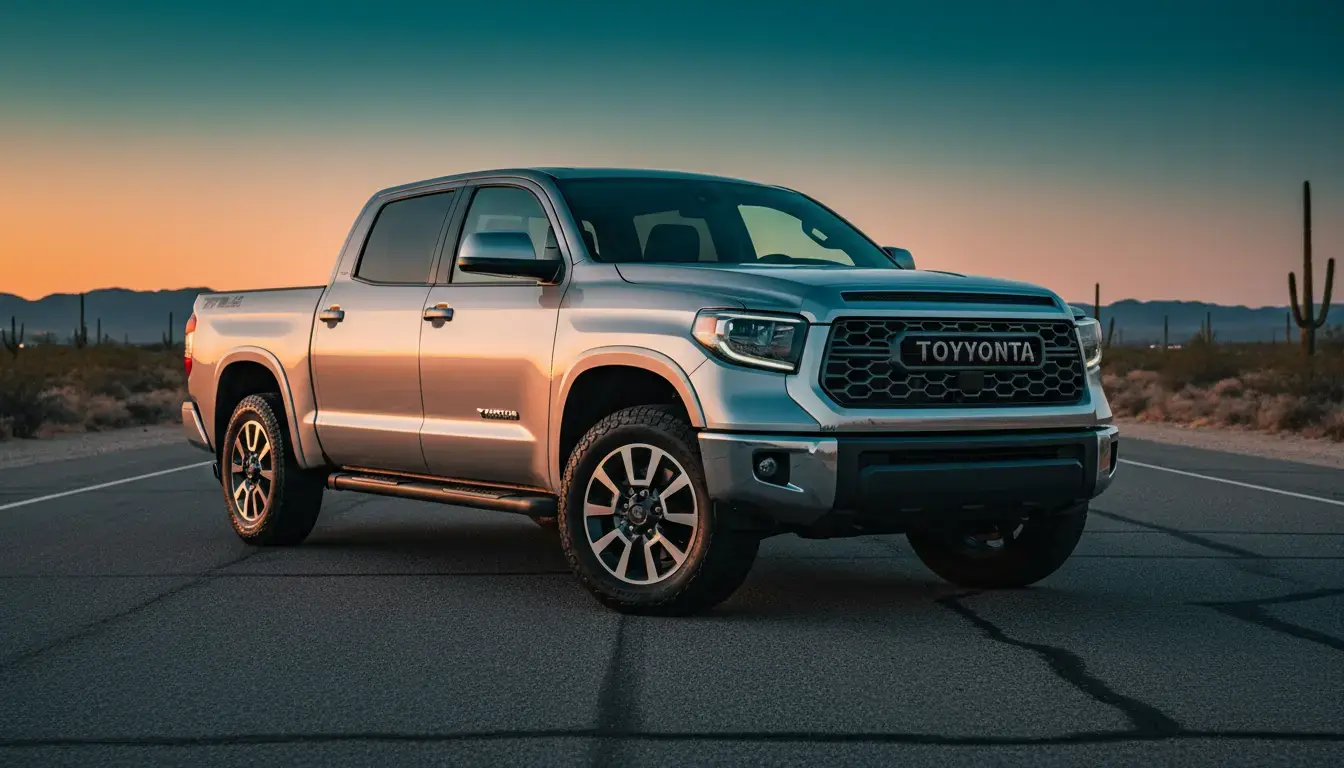 Silver metallic 2023 Toyota Tundra pickup truck on a desert highway at dusk, golden hour light highlighting its powerful design.
