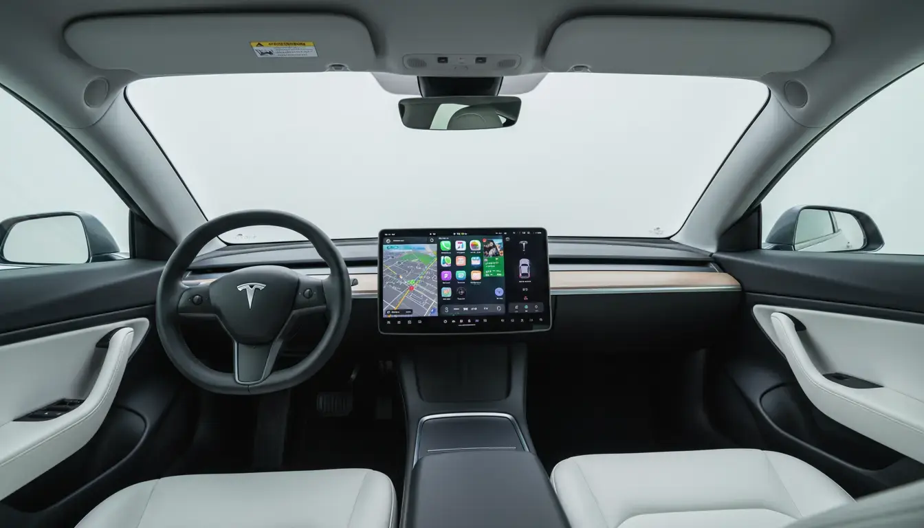 Tesla Model 3 2026 interior showcasing the central infotainment screen with Apple CarPlay operating within a dedicated window, modern studio lighting