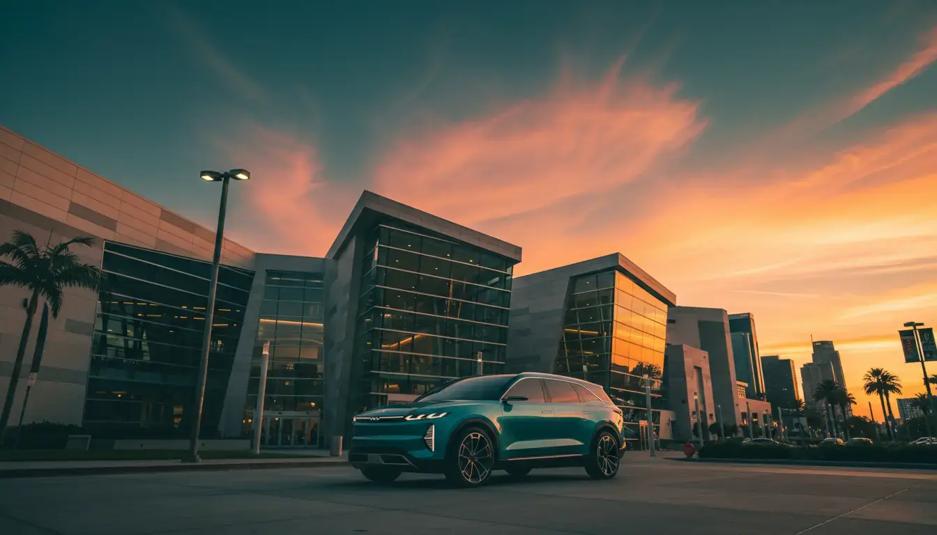 Los Angeles Convention Center exterior at sunset, with a futuristic three-row SUV concept car parked prominently, during the 2025 LA Auto Show.