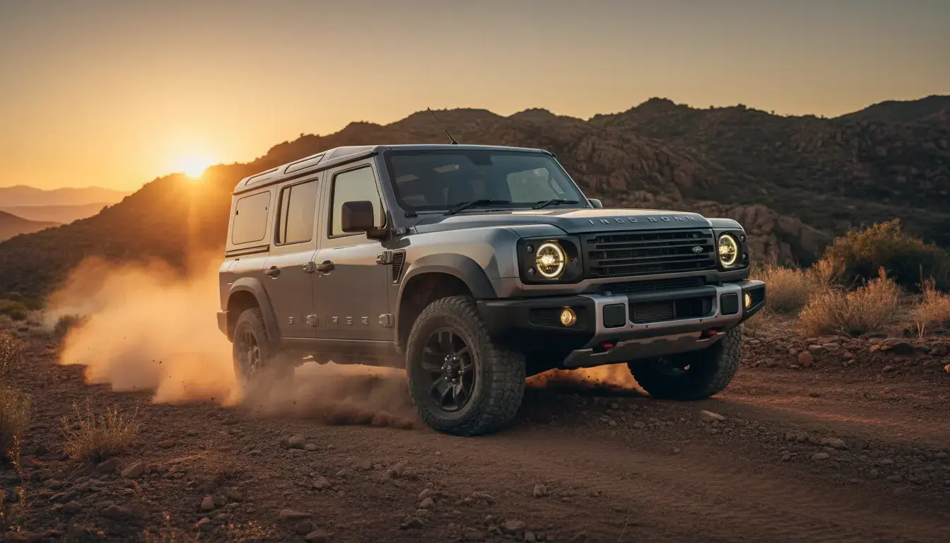 Ineos Grenadier 2026 on a rugged mountain trail at golden hour, showcasing its off-road design and high ground clearance.