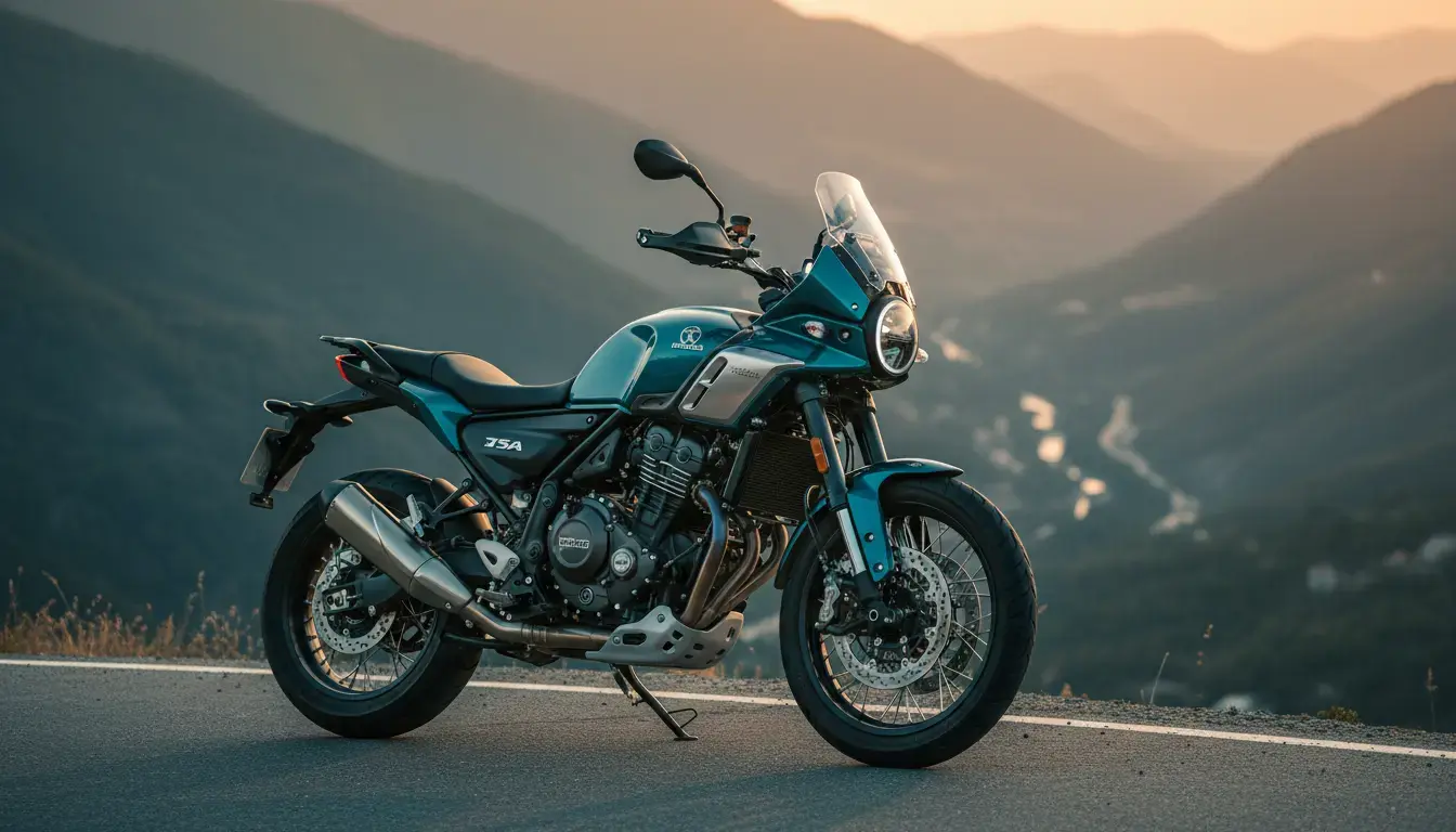 BSA Thunderbolt 2025 adventure motorcycle on a mountain road with golden hour lighting, highlighting USD forks and wire-spoke wheels.
