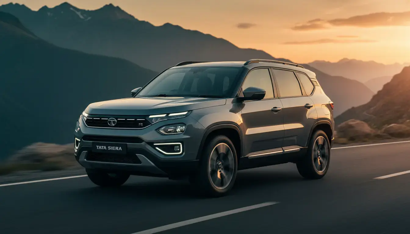Tata Sierra 2025 SUV on a mountain road at sunset, highlighting its unique Alpine windows and modern LED lighting