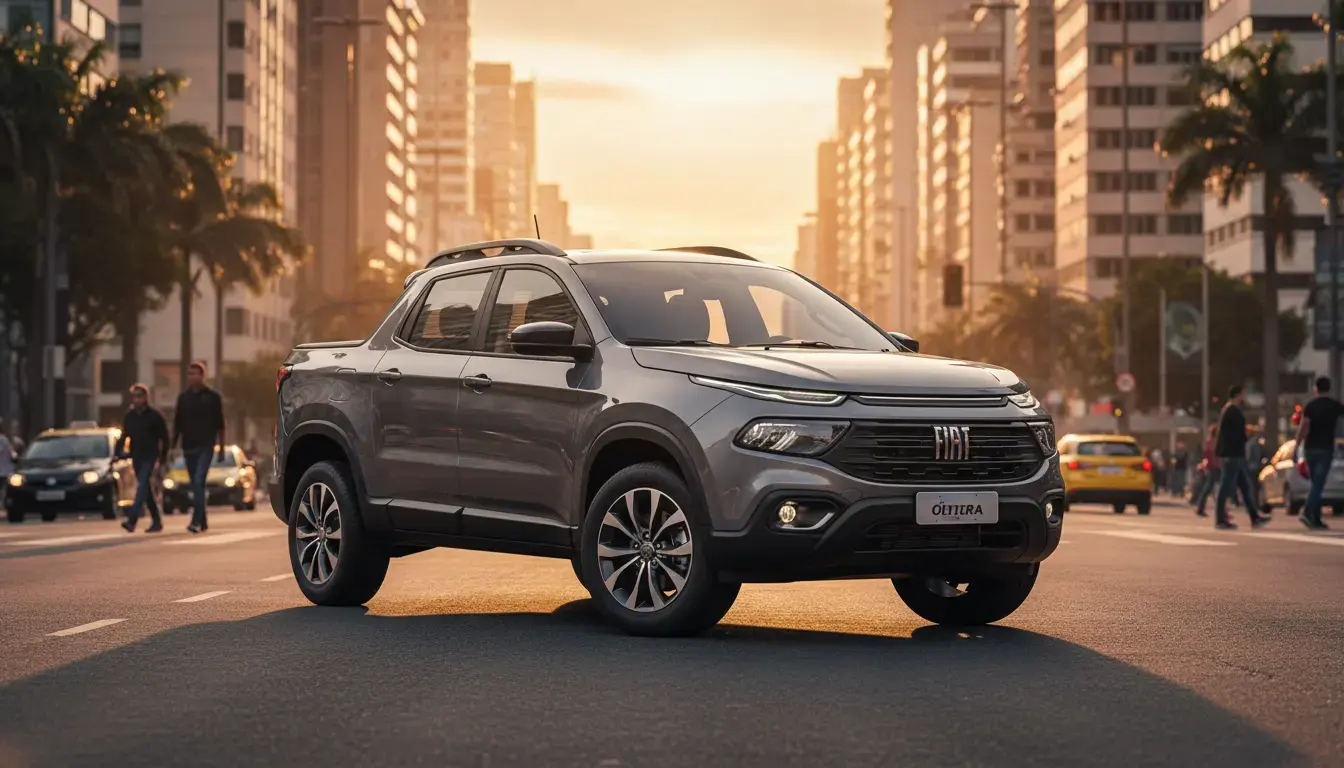 Fiat Toro Ultra 2026 pickup SUV parked on a city street under golden hour lighting, highlighting its robust design and large cargo capacity.