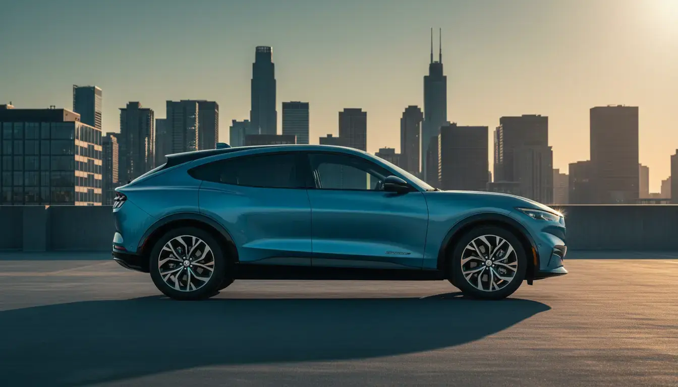 Metallic blue 2025 Ford Mustang Mach-E parked on an urban rooftop during golden hour, highlighting its sleek design and advanced EV technology.