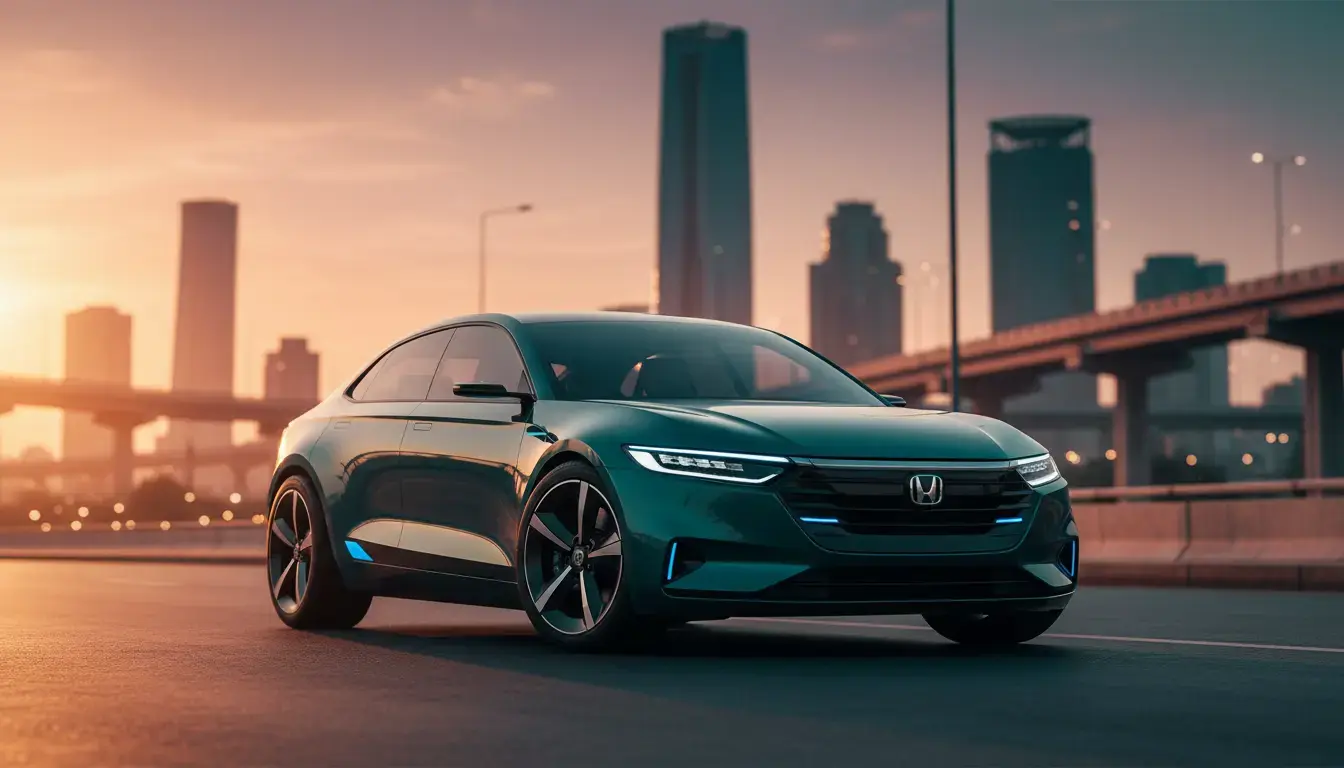 Futuristic Honda concept car with glowing blue LEDs representing EV tech, in a modern Indian city at sunset