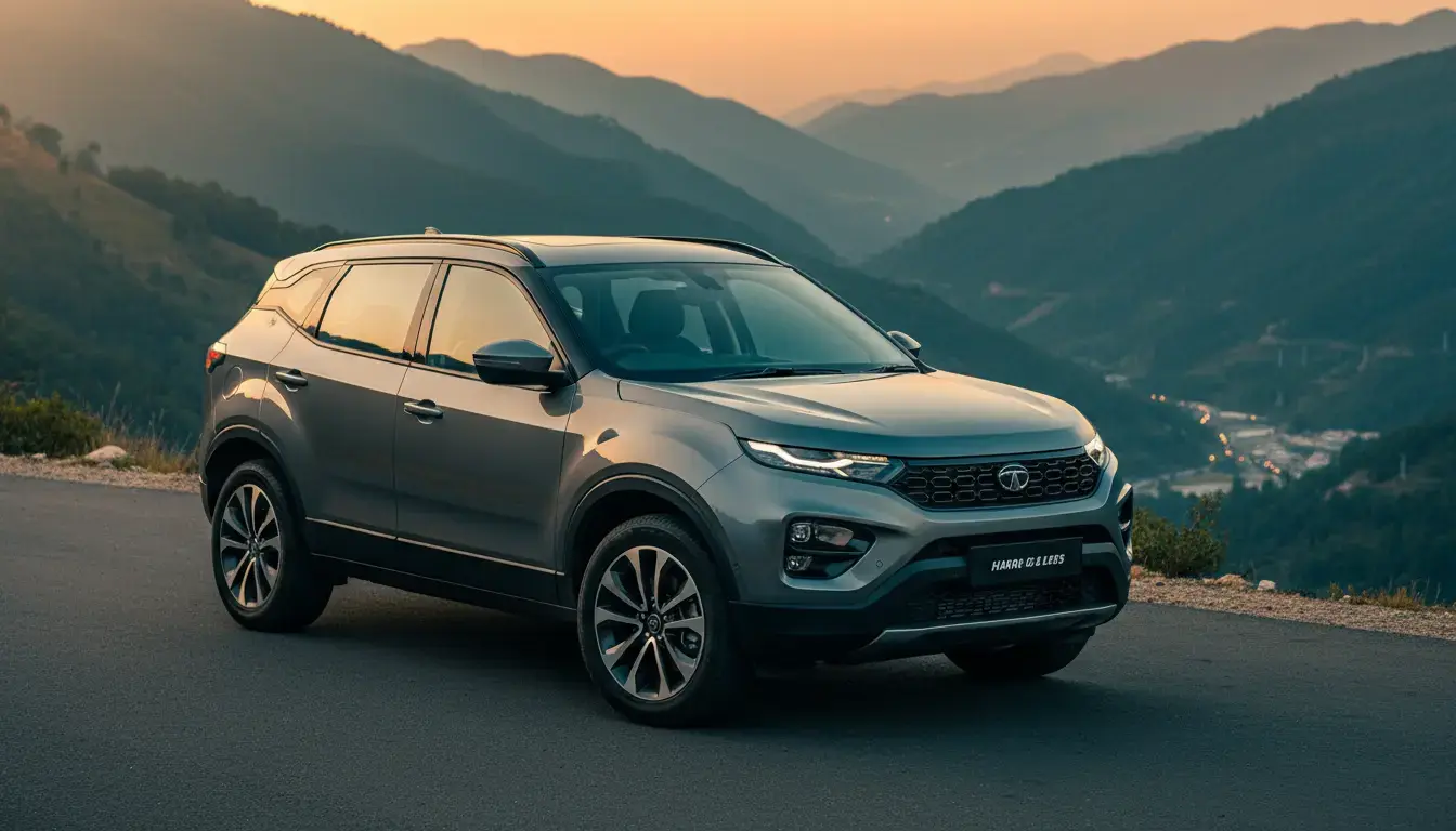 Tata Harrier 2025 SUV in metallic grey parked on a mountain road with golden hour lighting, showcasing LED headlights and sleek design.