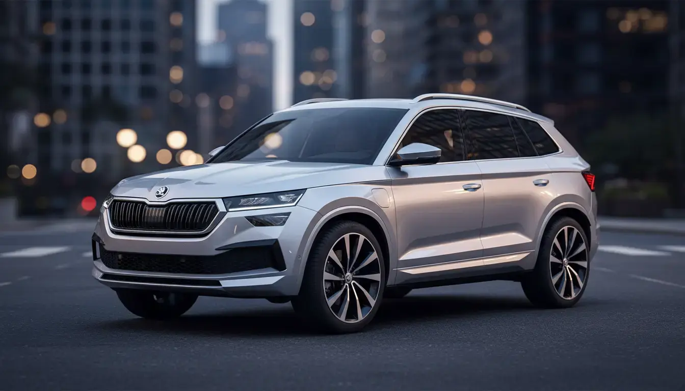 Skoda SUV 2026 parked on a city street at dusk, showcasing its modern design, LED headlights, and stylish alloy wheels with professional lighting.