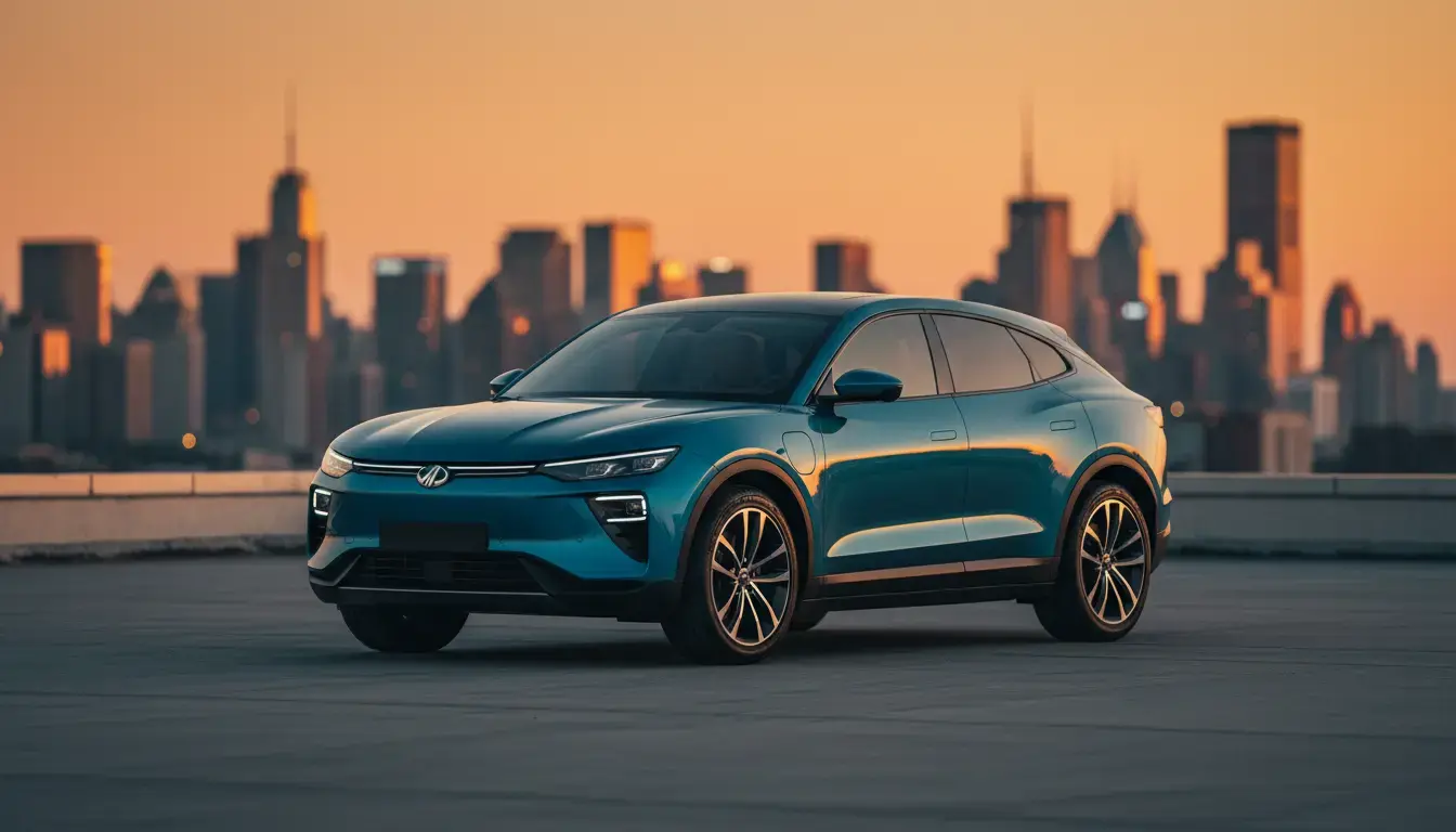 Mahindra XEV 9S 2025 electric SUV parked on a city rooftop at golden hour, showcasing its stacked LED headlights and sleek design.