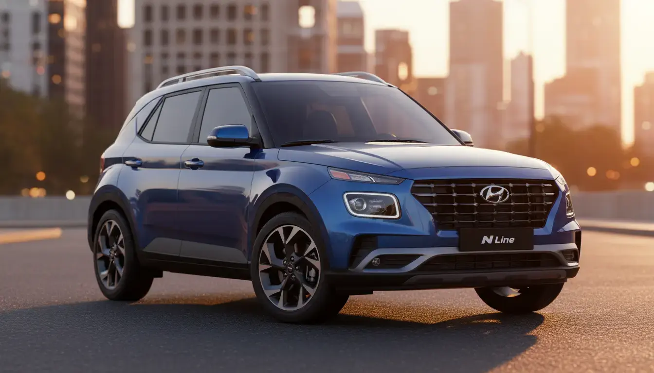 2025 Hyundai Venue N Line in metallic blue parked on a city street during golden hour, highlighting its aggressive grille and sleek design