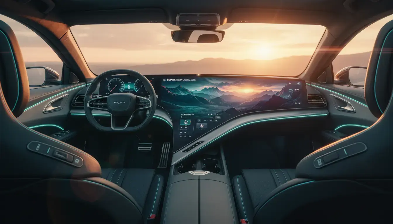Harman Ready Display 2025 in a futuristic car interior showing vibrant HDR10+ certified content under soft golden hour lighting.