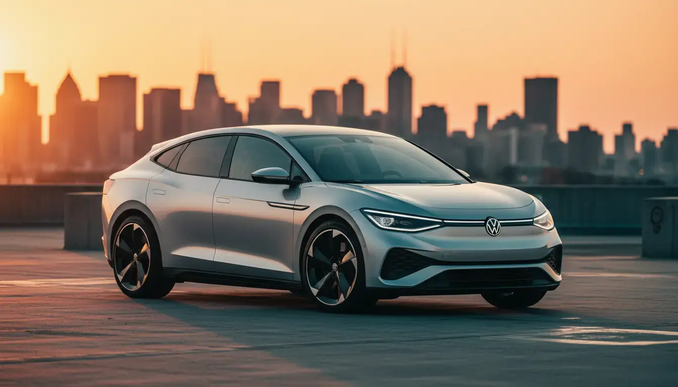 VW-Xpeng ID Unyx 08 2026 on urban rooftop with golden hour sunset lighting, showcasing its sleek, futuristic EV design.