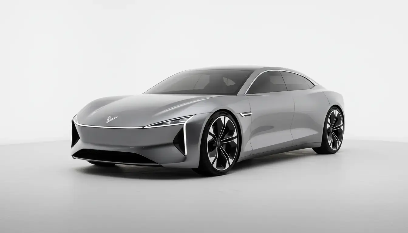 Voyah Taishan concept vehicle in metallic gray studio shot, highlighting futuristic design and brand emblem with soft studio lighting